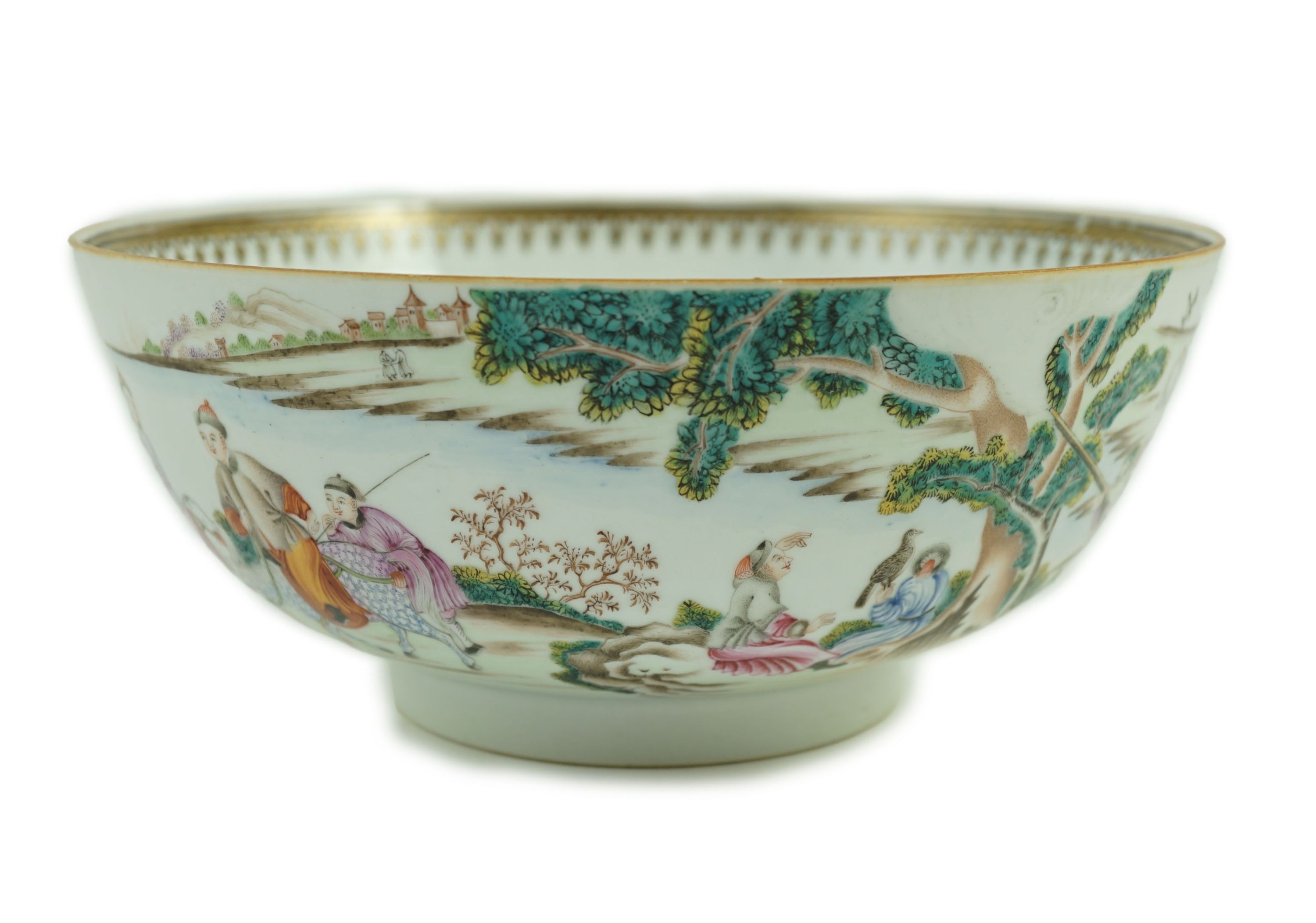 Chinese export famille rose fencai ‘Imperial Hunt’ punch bowl, Qianlong period, 26.4cm diameter